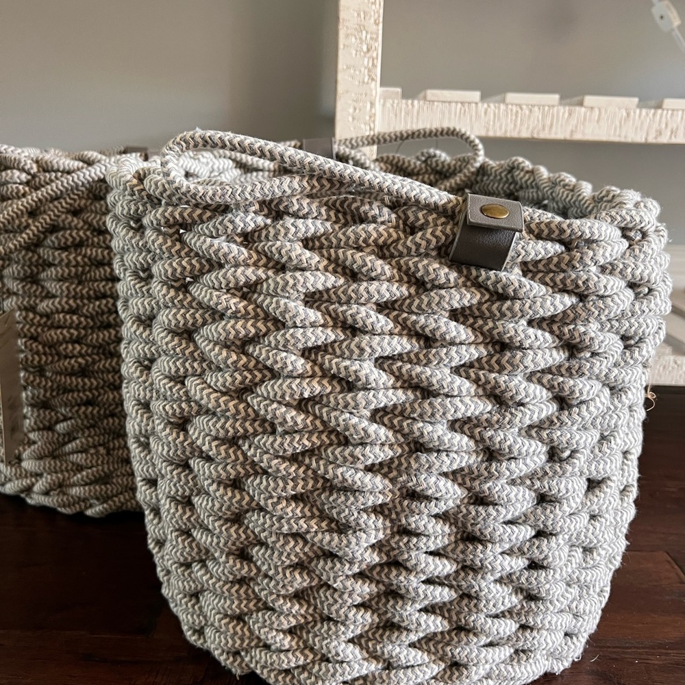 Set of 2 - Project 62 Coiled Rope Fishtail Weave Basket with Faux Leather Accent - Picture 3 of 7